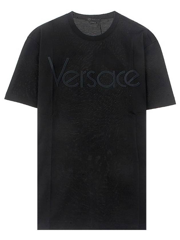 Men's Lettering Embroidery Short Sleeve T-Shirt Black - VERSACE - BALAAN 2