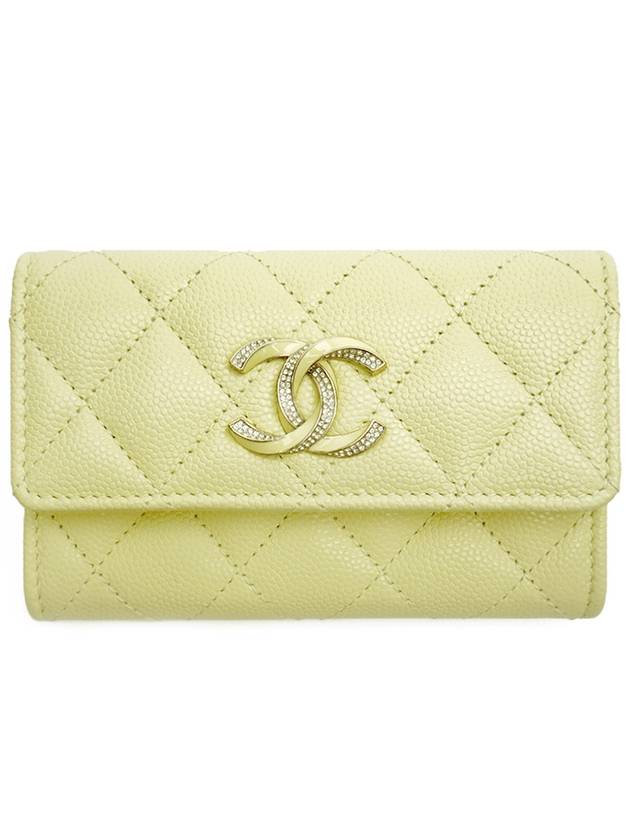 Gold Plated Shiny Grained Calfskin Enamel Strass Card Wallet Light Yellow - CHANEL - BALAAN 1