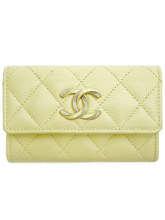 Gold Plated Shiny Grained Calfskin Enamel Strass Card Wallet Light Yellow - CHANEL - BALAAN.