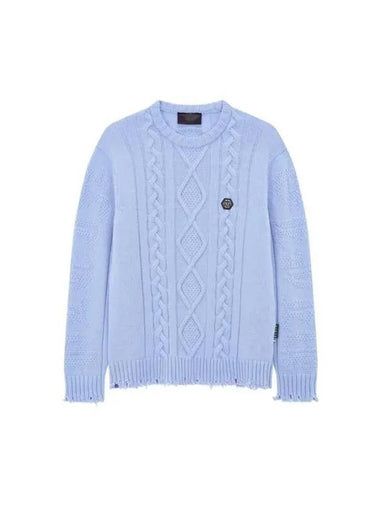 Men's Damaged Cable Knit Pullover Light Blue 271216 - PHILIPP PLEIN - BALAAN 1