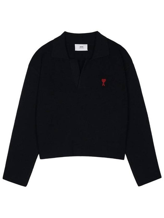 Small Heart Long Sleeve Polo Shirt Black - AMI - BALAAN 2