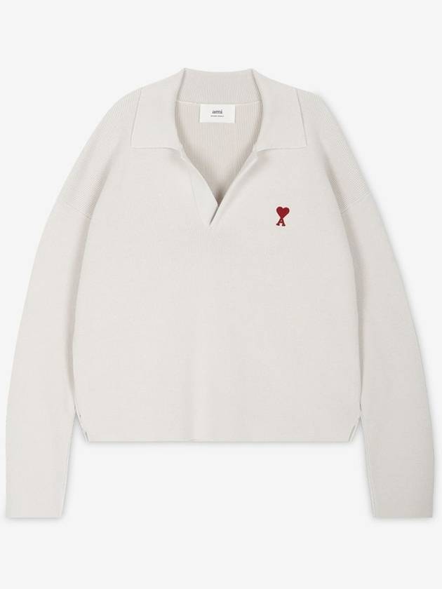 Small Heart Long Sleeve Polo Shirt White - AMI - BALAAN 3