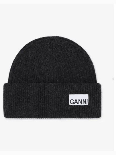 Logo Label Rib Knit Wool Beanie Dark Grey - GANNI - BALAAN 2