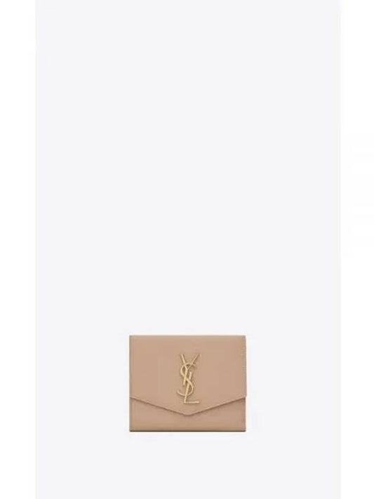 Uptown Compact Grain Leather Halfwallet Dark Beige - SAINT LAURENT - BALAAN.