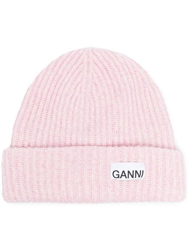 Logo Patch Knit Beanie Pink - GANNI - BALAAN 1