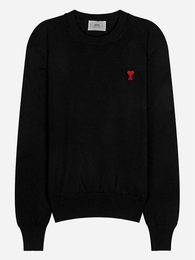 Heart Embroidered Logo Crew Neck Knit Top Black - AMI - BALAAN 2