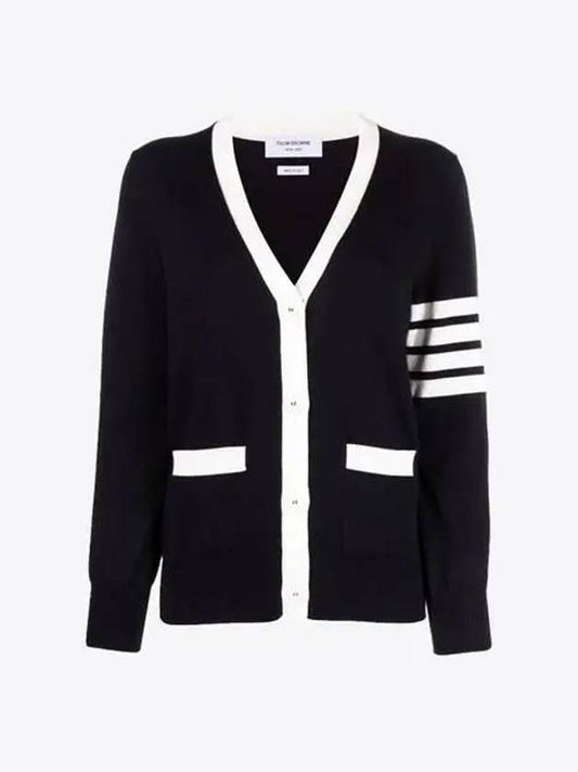 Cotton Hector Pointelle 4 Bar V Neck Cardigan Navy - THOM BROWNE - BALAAN 2