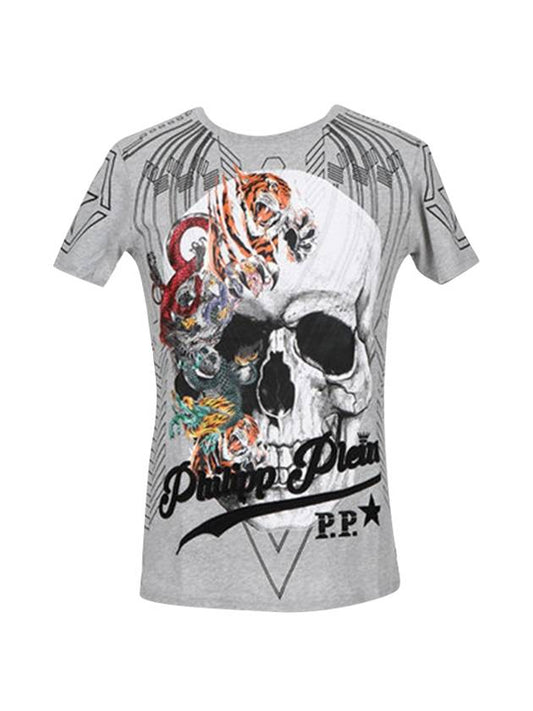 Skull Graphic Print Short Sleeve T-Shirt Gray - PHILIPP PLEIN - BALAAN 1