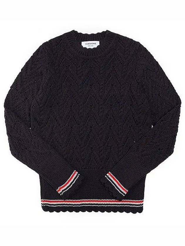 Women's Pointel Cable Merino Wool Pullover Knit Top Navy - THOM BROWNE - BALAAN 3