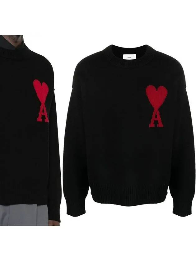 Intarsia Big Heart Logo Wool Knit Top Black - AMI - BALAAN 2