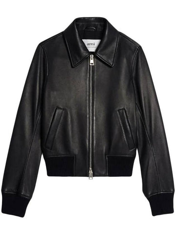 Zip-Up Leather Jacket Black - AMI - BALAAN 1