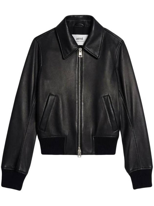 Zip-Up Leather Jacket Black - AMI - BALAAN 1