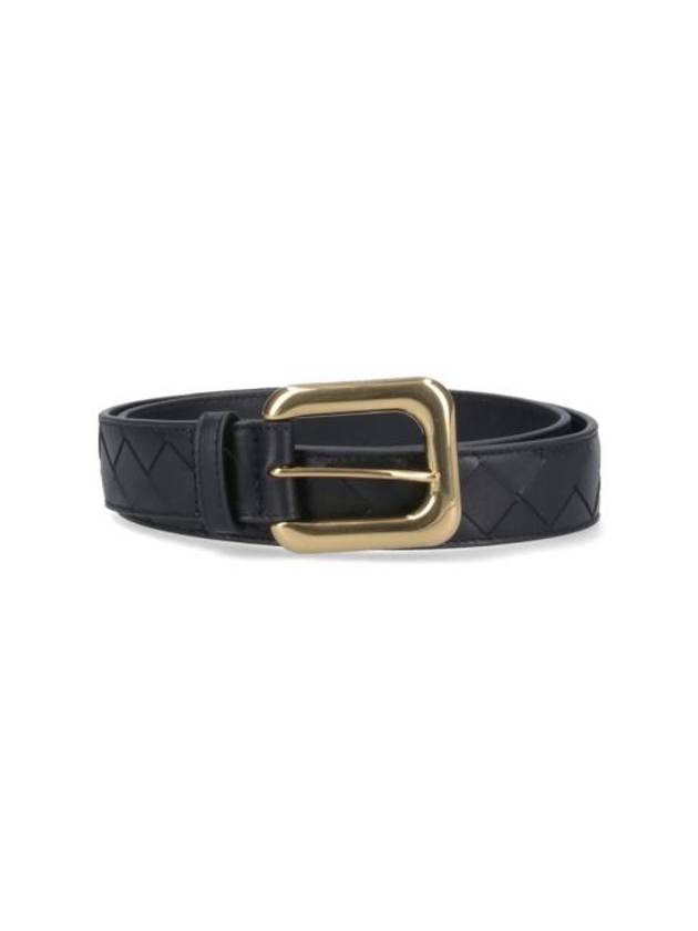 Regular Intrecciato Gold Buckle Leather Belt Black - BOTTEGA VENETA - BALAAN 1