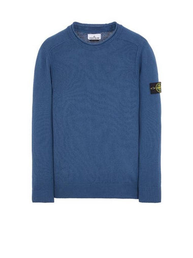 Men's Waffen Patch Crew Neck Raw Cotton Knit Top Blue - STONE ISLAND - BALAAN 1