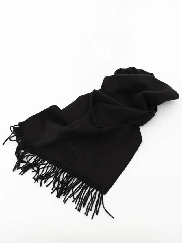 Embroidered Logo Cashmere Muffler Black - SAINT LAURENT - BALAAN 2