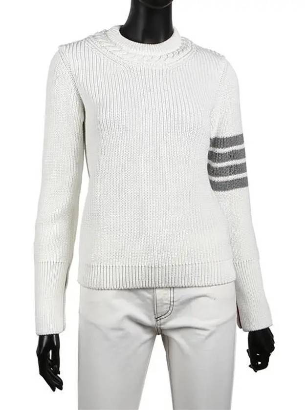 Women's 4 Bar Crew Neck Cotton Knit Top White - THOM BROWNE - BALAAN 2