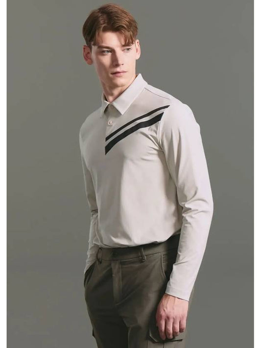 Men s diagonal color combination weakly brushed long sleeved collar T shirt khaki beige - CLEVELAND GOLF - BALAAN 2