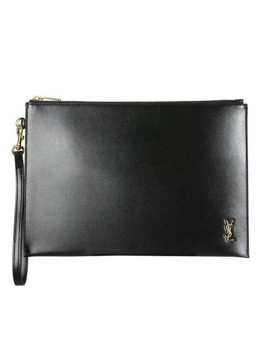 Tiny Cassandre Shiny Leather Zip Tablet Clutch Bag Black - SAINT LAURENT - BALAAN 1