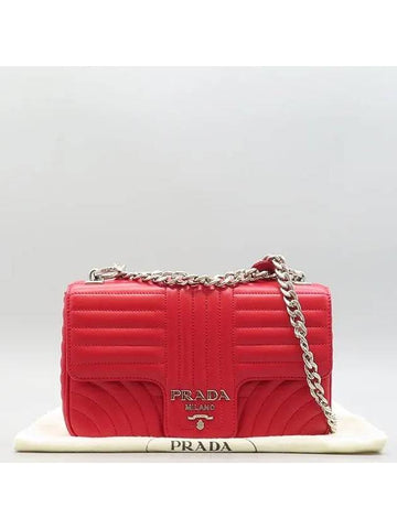 1BD108 Red Soft Calf Leather Silver Logo Diagram Flap Chain Medium Shoulder Bag - PRADA - BALAAN 1