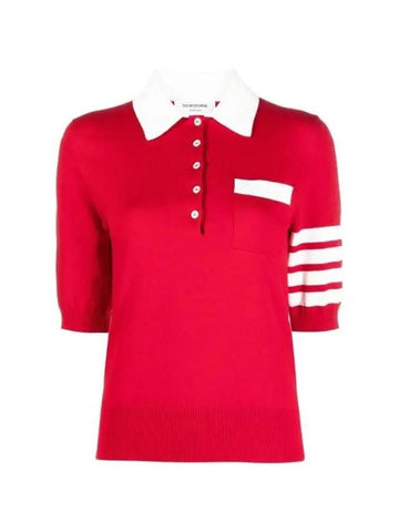 Cotton Hector Pointelle 4-Bar Polo Shirt Red - THOM BROWNE - BALAAN 1