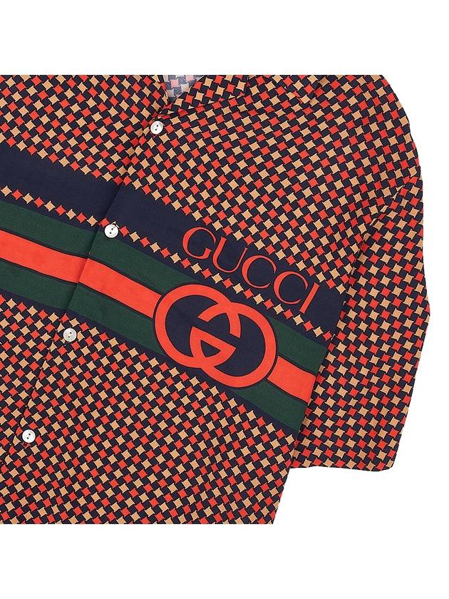 Geometric Houndstooth Bowling Silk Short Sleeve Shirt Red Beige Black - GUCCI - BALAAN 7