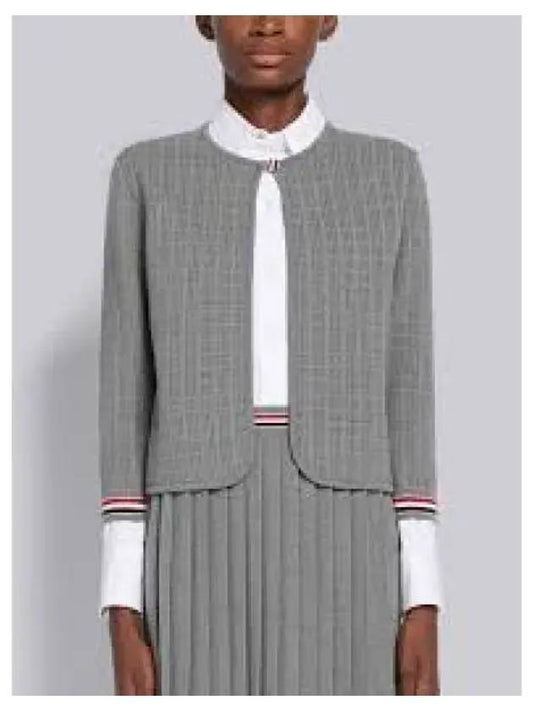 Grid Stitch Pointelle Cropped Crew Neck Cardigan Grey - THOM BROWNE - BALAAN 2