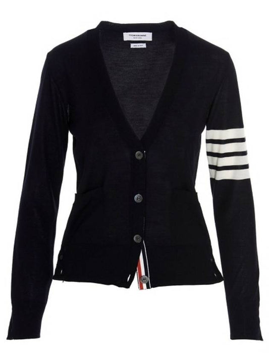 Sustainable Fine Merino Wool 4-Bar Relaxed Fit V-Neck Cardigan Navy - THOM BROWNE - BALAAN 2