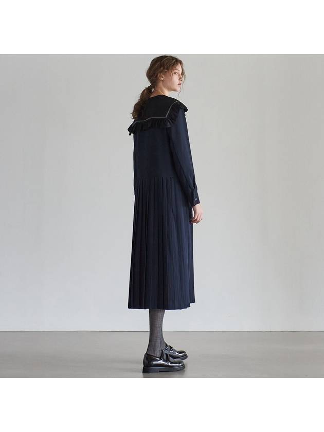 Women's Sailor Frill Collor Pleats Long Dress Navy - MITTE - BALAAN 5