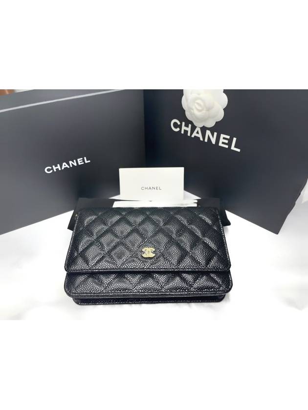 Classic Wallet On Chain Crossbody Bag Grained Calfskin Gold Black - CHANEL - BALAAN 10