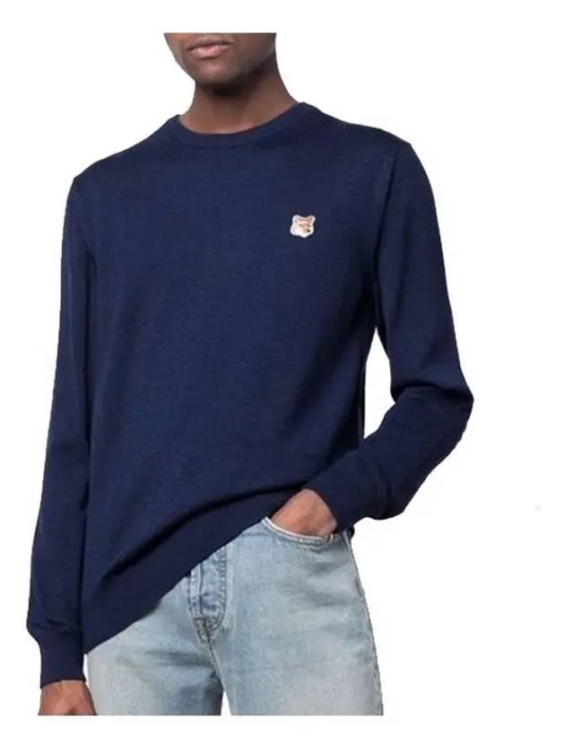 Fox head Patch Regular Round Neck Pullover Knit Top Navy Melange - MAISON KITSUNE - BALAAN 3