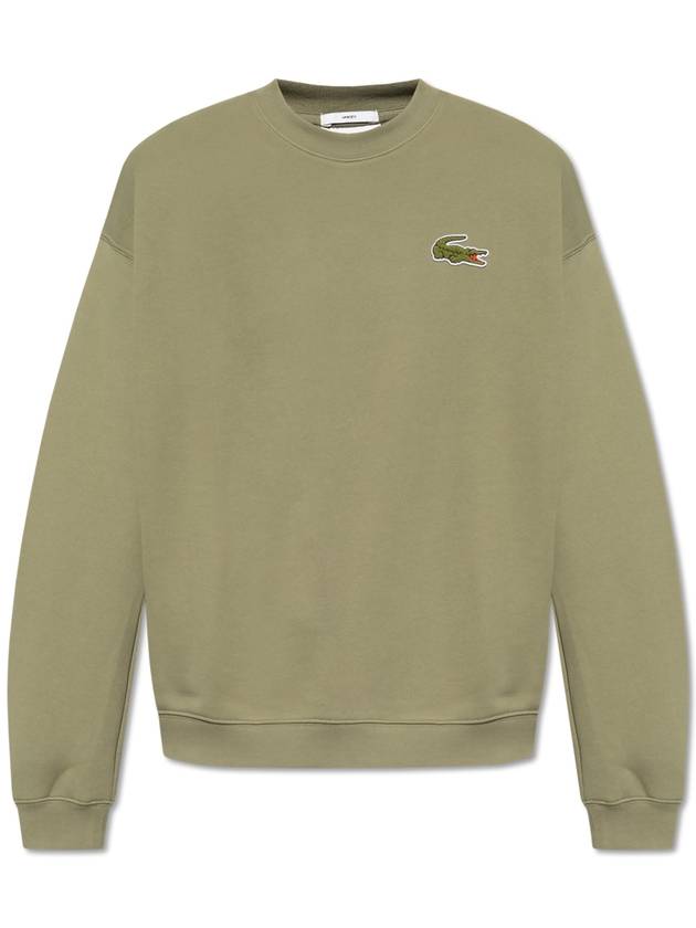 Loose Fit Badge Accent Fleece Sweatshirt Khaki - LACOSTE - BALAAN 2