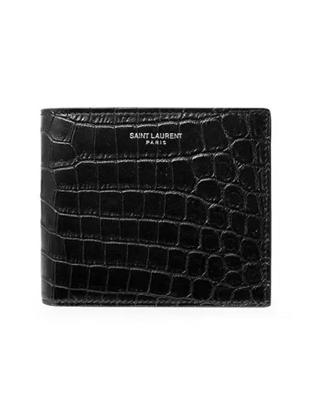 Crocodile Embossed Leather Half Wallet Black - SAINT LAURENT - BALAAN 3