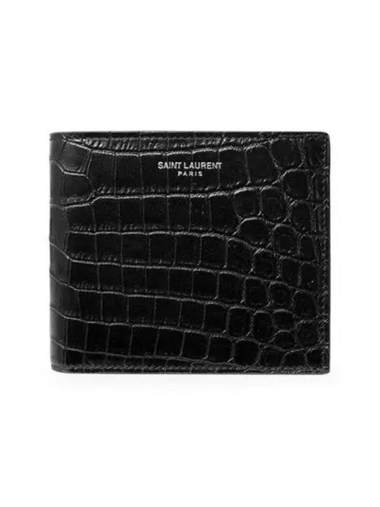 Crocodile Embossed Leather Half Wallet Black - SAINT LAURENT - BALAAN 2