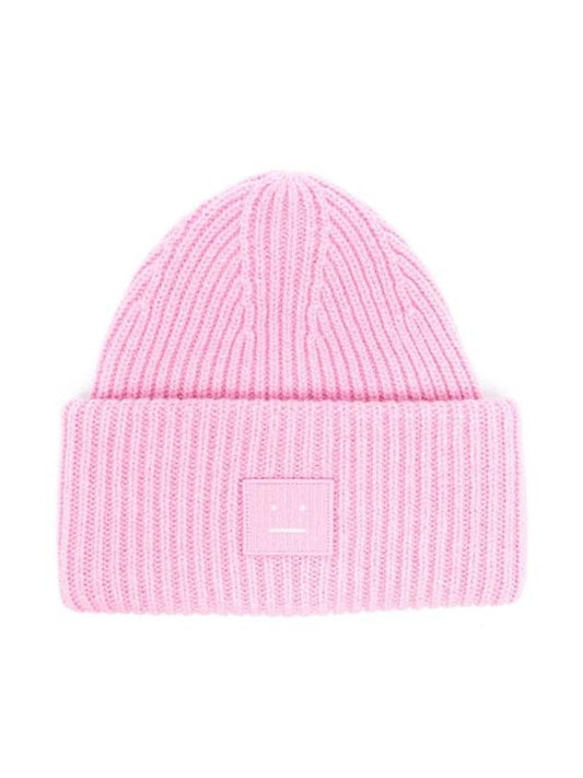 Face Patch Ribbed Wool Beanie Bubble Pink - ACNE STUDIOS - BALAAN.