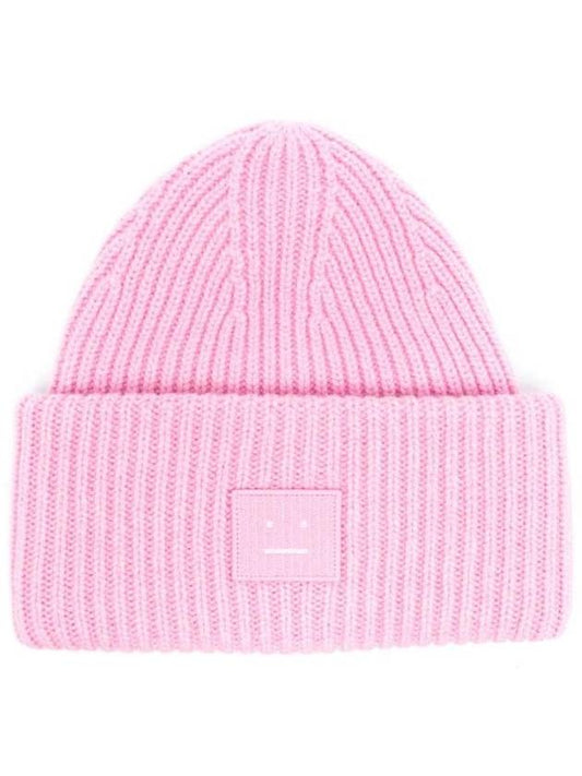 Face Patch Ribbed Wool Beanie Bubble Pink - ACNE STUDIOS - BALAAN 1
