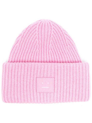 Face Patch Ribbed Wool Beanie Bubble Pink - ACNE STUDIOS - BALAAN 1