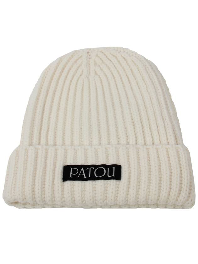 Logo Patch Ribbed Wool Cashmere Beanie White - PATOU - BALAAN 2