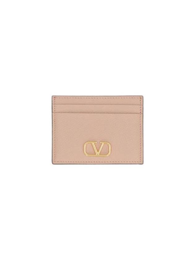 V Logo Signature Grainy Calfskin Card Wallet Pink - VALENTINO - BALAAN 1