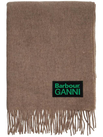 Ganni Logo Patch Fringe Lambswool Muffler Brown - BARBOUR - BALAAN 1