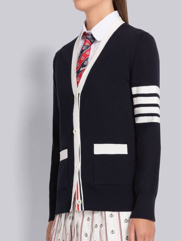 Cotton Hector Pointelle 4 Bar V Neck Cardigan Navy - THOM BROWNE - BALAAN 4