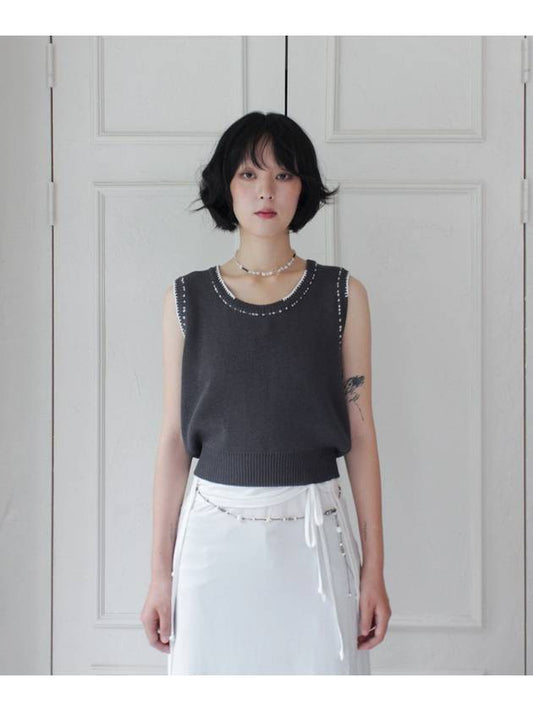 Linen Knit Vest Stitched by Hand CHARCOAL women s top - RUBATI - BALAAN 1