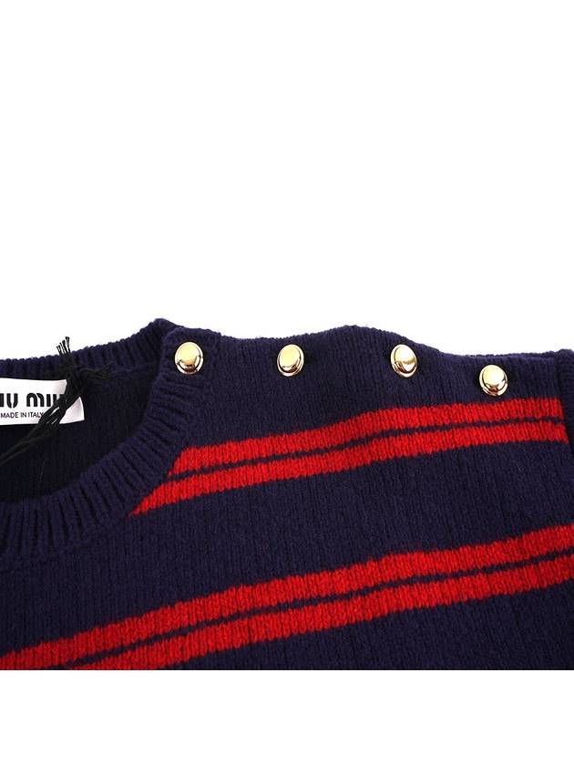 Striped Logo Shetland Wool Crew Neck Knit Top Red Blue - MIU MIU - BALAAN 5