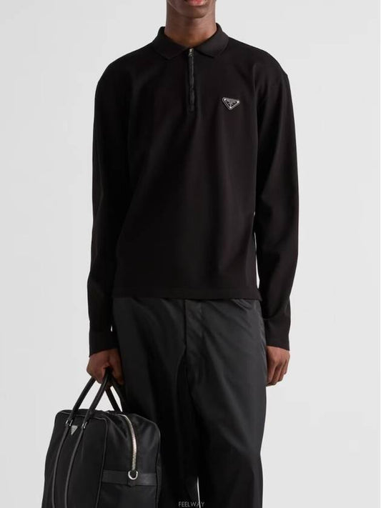 Triangle Logo Long Sleeve Polo Shirt Black - PRADA - BALAAN 2