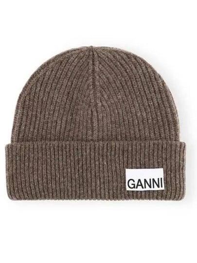 Logo Tag Ribbed Beanie Brown - GANNI - BALAAN 2