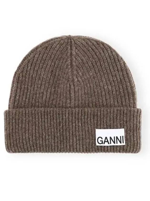 Logo Tag Ribbed Beanie Brown - GANNI - BALAAN 3