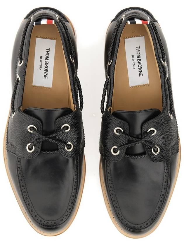 Men's Vitello Calf Leather Boat Shoes Black - THOM BROWNE - BALAAN 2