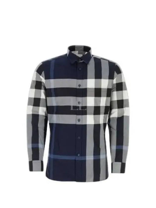 Check Print Long Sleeve Shirt Navy - BURBERRY - BALAAN 2