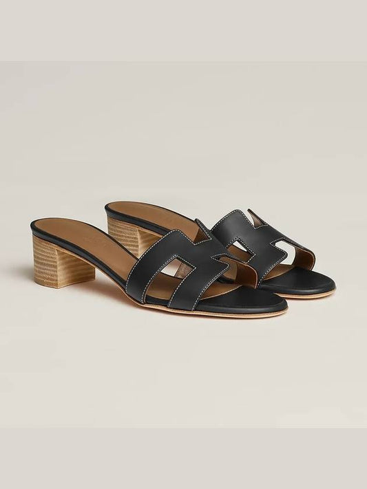 Oasis Calfskin Slipper Heels Noir Piqures Ecrues - HERMES - BALAAN 2