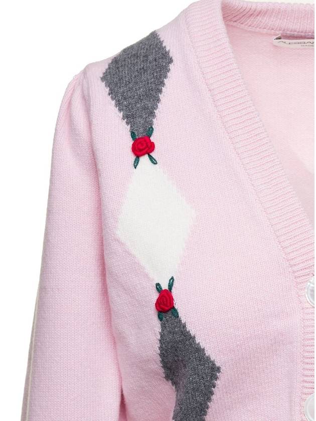 Pink Cardigan With 'Diamond' Motif And Embroidered Rose Detail In Wool Woman - ALESSANDRA RICH - BALAAN 3