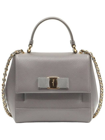 Ferragamo Purple Gray Saffiano Leather Gold Vara Ribbon Carry Small Top Handle 2WAY - SALVATORE FERRAGAMO - BALAAN 1